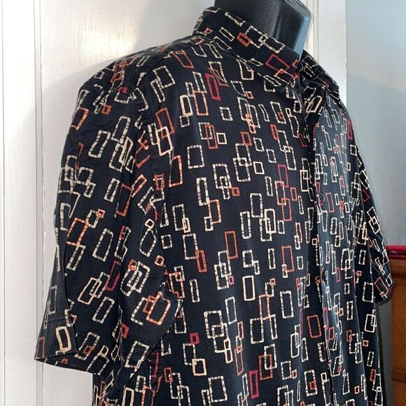 Claiborne black, orange, cream & red rectangle print short sleeved shirt - Picture 5 of 8